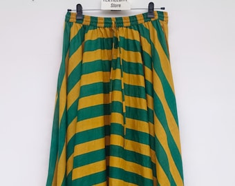 Handmade Cotton Maxi Skirt, Green Mustard Striped Boho Flowy Skirt (Elastic Waist)