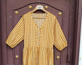 Yellow Striped Cotton Maxi Dress, Handmade Boho Cottage core V-Neck Button Front