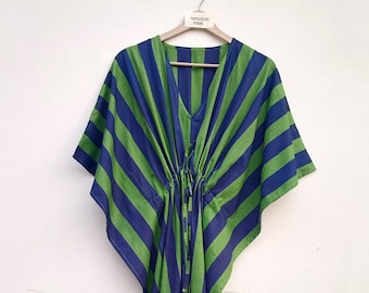 Striped Cotton Kaftan Printed Maxi Dress Plus Size Women Cover Up Caftan