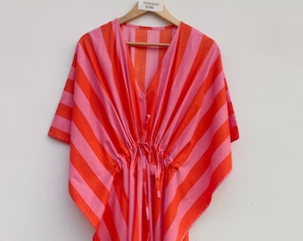 Striped Cotton Kaftan Printed Maxi Dress Plus Size Women Cover Up Caftan