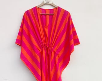 Striped Cotton Kaftan Printed Maxi Dress Plus Size Women Cover Up Caftan