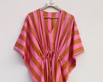 Striped Cotton Kaftan Printed Maxi Dress Plus Size Women Cover Up Caftan