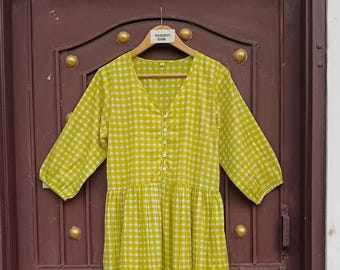 Handmade Lime Green Gingham Cotton Midi Dress, Puff Sleeve Cottagecore Style