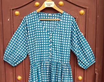 Handmade Blue Gingham Cotton Midi Dress, Women's Puff Sleeve Summer Dress with Pockets