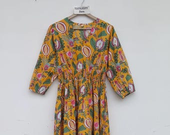 Handmade Mustard Yellow Floral Cotton Maxi Dress, Smocked Waist Boho Summer Dress