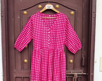 Handmade Pink Gingham Cotton Midi Dress, V-Neck Button Front, Cottagecore Summer Style