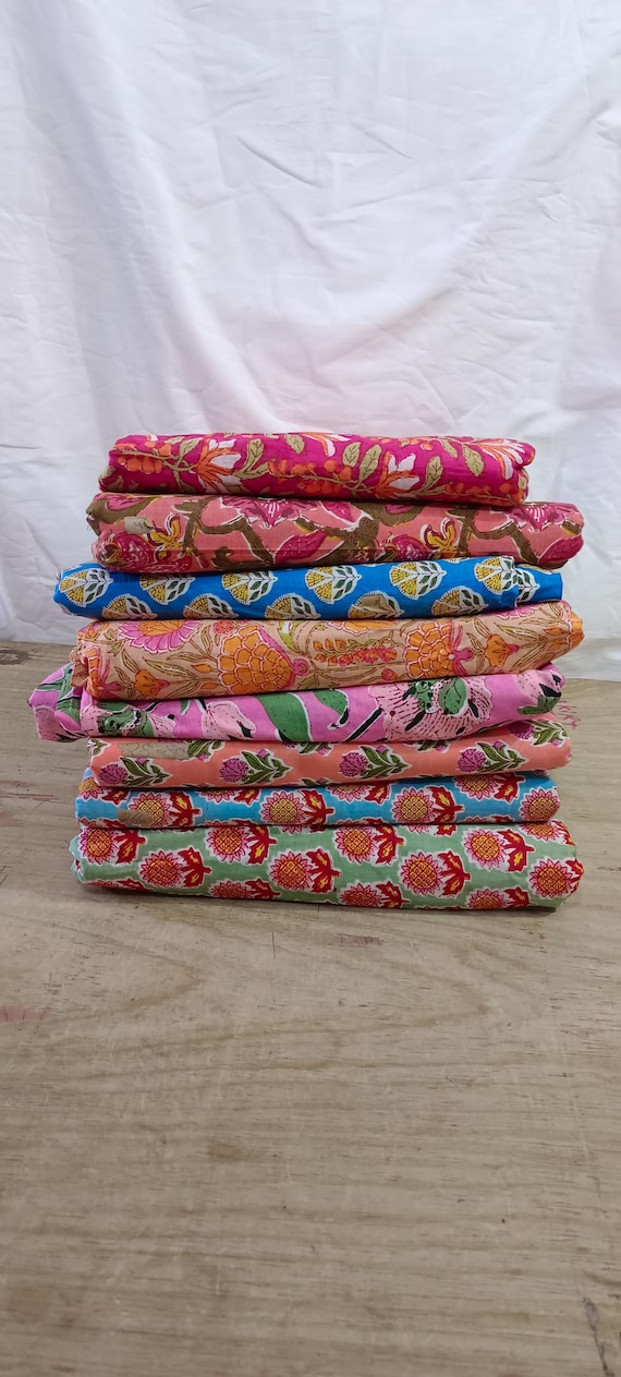 Hand Block Print Cotton Fabric: Floral Sewing Material By The Yard