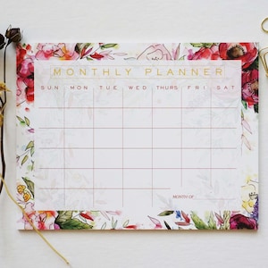 Red Floral Monthly Calendar Planner, Desk Accessory