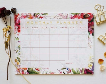 Red Floral Monthly Calendar Planner, Desk Accessory