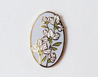 White and Lilac Floral Hard Enamel Pin - 1.5" Gold Plated