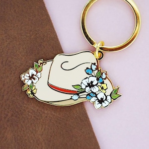 Western Floral Cowboy Cowgirl Hat, Light Variation, Hard Enamel Gold Plated Keychain