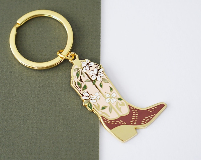 Western Floral Cowboy Cowgirl Boot Hard Enamel Gold Plated Keychain