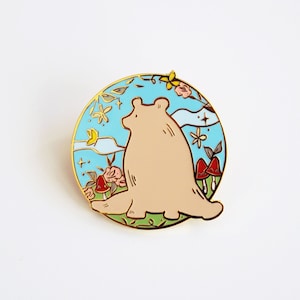 Cute Bear in Forest with Mushrooms and Butterflies Illustration Enamel Pin - 1.5&quot; Gold Plated