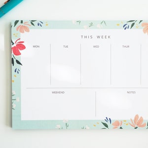 Minty Green Floral Weekly Planner, Desk Pad, Desk Notepad, Agenda, Weekly Notepad