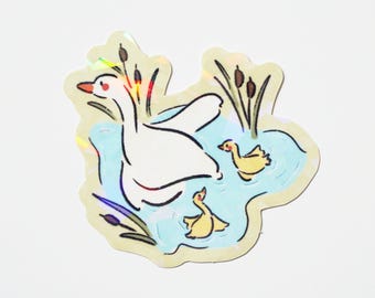 Gänsemutter und Gänseküken Aufkleber, glänzender Vinyl-Aufkleber mit holographisch gebrochenem Eis-Laminat Details