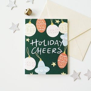 Green Boho Holiday Ornament Card, Holiday Cheers, Blank Card, A2 Size Card image 1