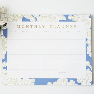 Blauer Blumen Monatskalender, Schreibtischunterlage, Tischkalender, Agenda