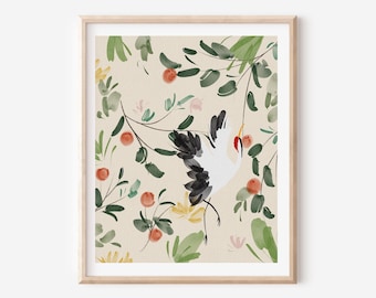 Tanzender Kranich mit Kakis - Kunstdruck - 20 x 25 cm