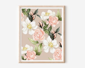 Roses et fleurs de pavot, motif mauve - Aquarelle florale - 8 x 10