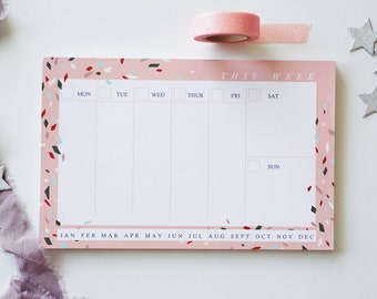 SALE Pink Terrazzo Mini Weekly Planner, Desk Pad, Desk Notepad, Agenda, Weekly Notepad