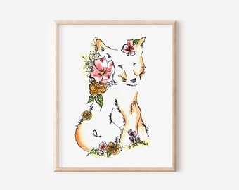 Foxy Friend - Fox Illustration Floral Watercolor Print - 5 x 7