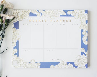 Blue and Gold Floral Weekly Planner, Memo Pad, To-do list pad, Notepad, Agenda