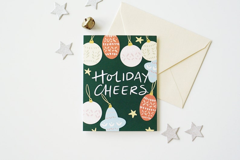 Green Boho Holiday Ornament Card, Holiday Cheers, Blank Card, A2 Size Card image 1