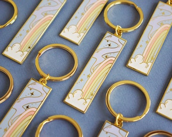 Rainbow Hard Enamel Gold Plated Keychain With White Glitter Cloud - Limited Edition