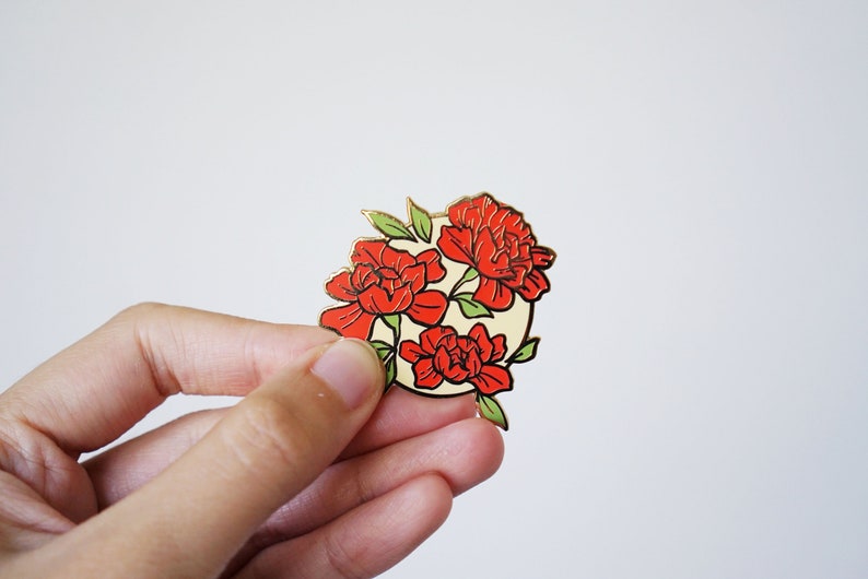 Red Floral Badge Enamel Pin 1.5 Gold Plated image 5