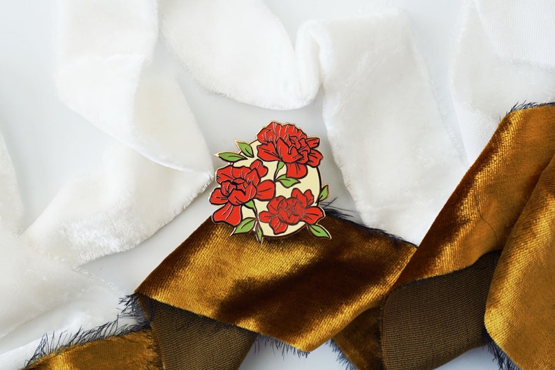 Red Floral Badge Enamel Pin 1.5 Gold Plated image 1