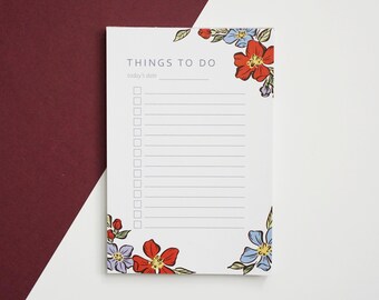 Blue and Red Illustrated Floral To Do Notepad