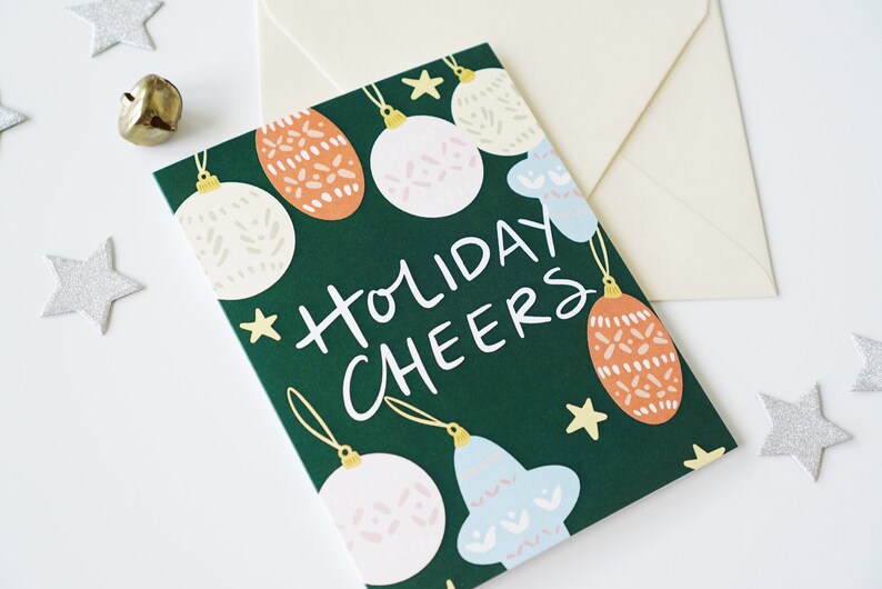 Green Boho Holiday Ornament Card, Holiday Cheers, Blank Card, A2 Size Card image 2