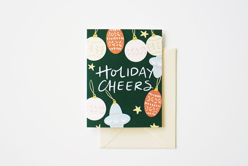 Green Boho Holiday Ornament Card, Holiday Cheers, Blank Card, A2 Size Card image 3