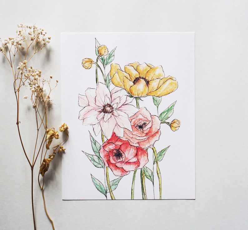 Summer Bouquet Floral Watercolor Print 8 x 10 image 1