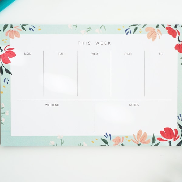 Minty Green Floral Weekly Planner, Desk Pad, Desk Notepad, Agenda, Weekly Notepad
