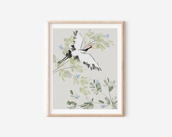 Fliegender Kranich mit Grün - Kunstdruck - 20 x 25 cm