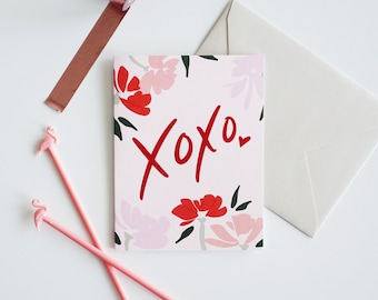 XOXO Valentine's Day Pink and Red Card, Blank Card, A2 Size Card