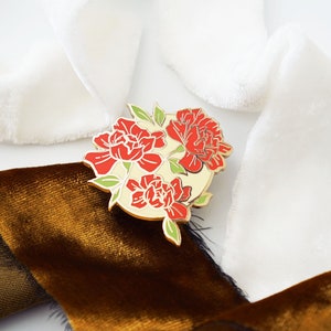 Red Floral Badge Enamel Pin 1.5 Gold Plated image 2