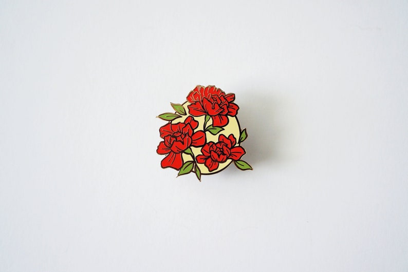 Red Floral Badge Enamel Pin 1.5 Gold Plated image 3