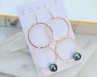 Tahitian Pearl Double Hoop Earrings: 14K Gold Filled, Handmade