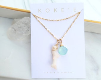 Coral & Aqua Chalcedony Gemstone Necklace | Beach Jewelry | Blue Jewelry | Simple | Everyday Wear