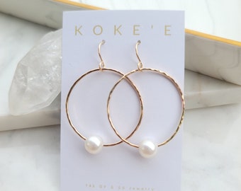 White Freshwater Pearl Hoops | Hammered Hoops| Pearl Hoops | Pearl Jewelry | Minimalist | Dainty | Everyday Wear | Hawaii Jewelry