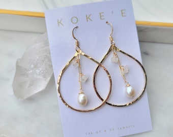 White Teardrop Pearl & Moonstone Earrings | Pearl Earrings | Hammered Hoops | Minimalist | Dainty | Everyday Wear