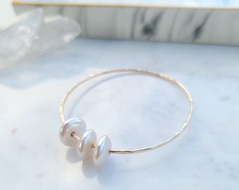 Coin Pearl Bangle | White Pearl Bange | Hammered Bangle | Pearl Bracelet | Stacking Bangle | Everyday Jewelry