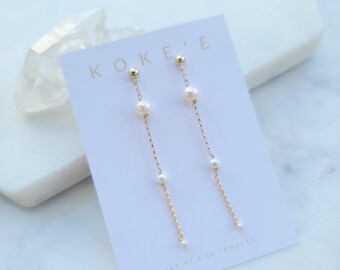 Long Triple White Pearl Stud Earrings | Chain Studs | Pearl Earrings | Minimalist | Dainty | Everyday Wear