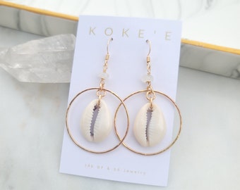 Cowrie Shell & Moonstone Hoop Earrings | Beach Earrings | Gemstone Earrings | Everyday Wear | Dainty