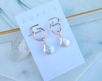 Large White Teardrop Pearl Huggies | Pearl Hoops | Pearl Earrings | Minimalist | Dainty | Everyday Wear