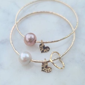 Hammered Bangle Bracelet: Edison Pearl & Charm - Personalized 14k Gold Filled or Sterling Silver