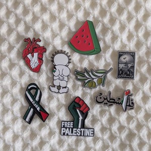 May include: A selection of enamel pins featuring diverse designs. Includes a red heart, a watermelon slice, a figure with a Palestinian flag, an olive branch, a ribbon, a fist, and pins with Arabic text and the word "Palestine".