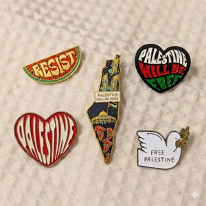 Palestine Freedom Inspired Large Enamel Pins Available in 5 Designs, Large Hearts, Map, Dove and Resist Watermelon